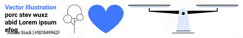 Wellness, love, sustainability, balance, decision-making, nature. Blue heart, simple tree outline balancing scale. Wellness and love by heart and balance for harmony and sustainability