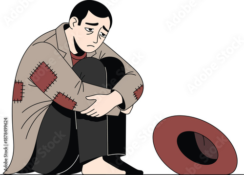A dejected barefoot man in a tattered patched coat sits huddled with a red hat for alms.