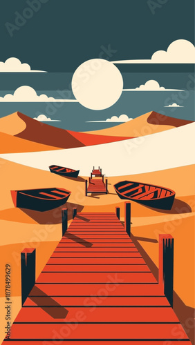 Vibrant desert oasis with wooden dock and boats under sunset