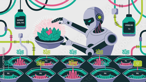Advanced robotic arm carefully tending to a plant in a high tech laboratory with various tubes, nutrient monitors, and digital displays.