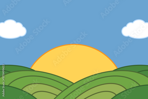 Sunrise landscape illustration with green hills and blue sky. Sunrise flat illustration over rolling green hills. Green hill nature landscape illustration with rising sun