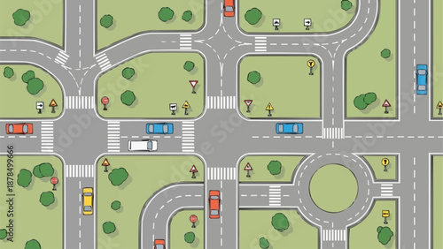 Aerial View of City Intersection and Roads with Cars.