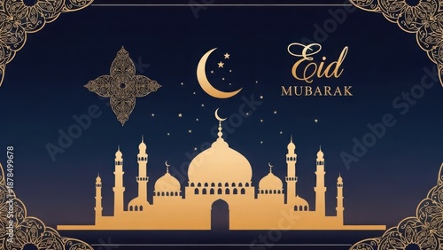 Golden Eid Mubarak Greeting Card with Mosque and Crescent Moon