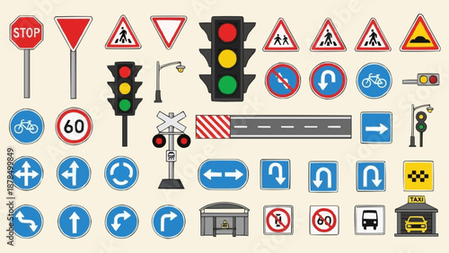 Collection of traffic signs and signals for road safety.
