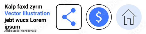Social media, finance, home technology, digital apps, UI elements, connectivity. Three icons sharing, a dollar symbol and a home shape. Social media and finance concept