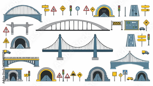 Collection of Bridges Tunnels and Road Signs Vector Illustration.