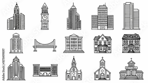 Collection of diverse architectural building illustrations.