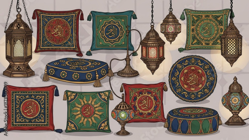Collection of ornate Islamic lanterns and cushions traditional Ramadan decor detailed vector illustration for cultural themes
