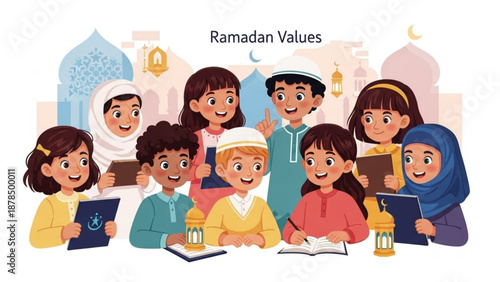 Diverse Muslim children learning about Ramadan values illustration for education and cultural celebration with mosque background