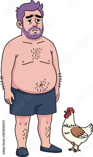 A sad overweight cartoon man with purple hair and a beard standing shirtless in shorts.