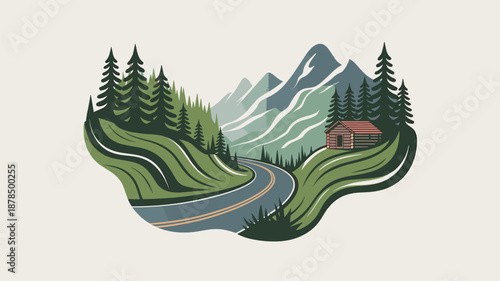 Serene mountain landscape illustration featuring a winding road through green hills and pine forests towards a log cabin.