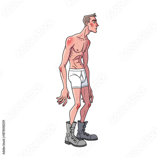 A stylized illustration of a gaunt emaciated man with a slumped posture wearing only underwear and combat boots.