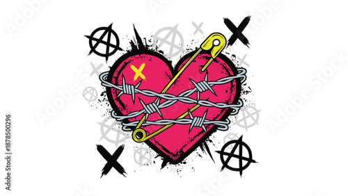 Punk rock style pink heart wrapped in sharp barbed wire and pierced by a large yellow safety pin, with anarchy symbols around.