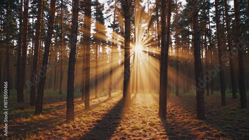 Sunlight streaming through trees in a serene forest during early morning hours