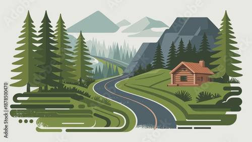 Idyllic landscape featuring a long road winding through a green valley with a cozy log cabin nestled at the foot of tall mountains.
