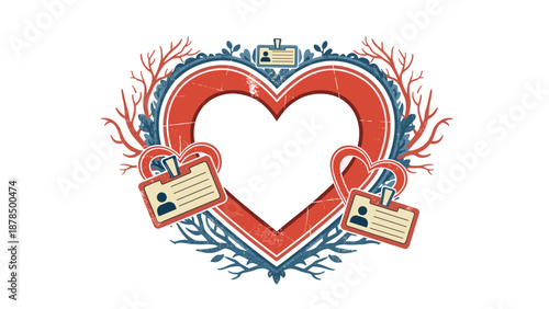 Creative heart shaped frame decorated with identification badges and branches for an employee appreciation or corporate theme.