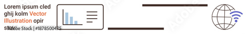 Global communication, data sharing, analytics, internet connectivity, information transfer, digital access. A bar chart connects to a globe with a wireless icon. Global communication and data sharing