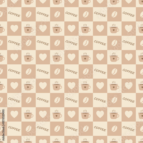 A seamless pattern of a coffee cup featuring hearts and coffee beans scattered across a yellow background. Suitable for wallpaper design, gift wrapping paper, coffee shops, and cute decorations