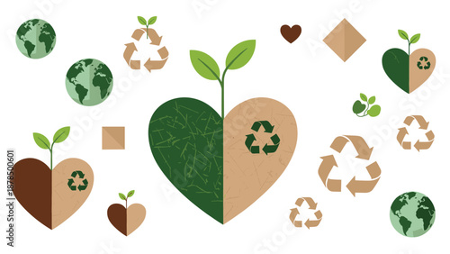 Collection of eco friendly icons featuring green hearts with recycling symbols, earth globes, and small growing plants for sustainability.