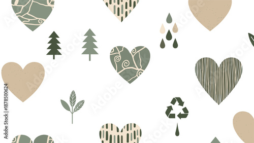 Calming seamless pattern showcasing hearts with various textures and patterns, pine trees, and raindrops in muted green and tan tones.