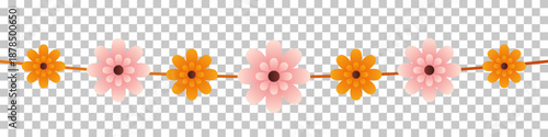 A decorative garland featuring alternating orange and pink flowers strung together on a delicate brown thread.