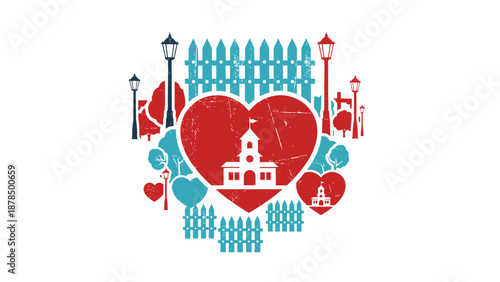 Urban themed heart icon featuring a classic school building surrounded by street lamps, trees, and fences in a teal and red palette.