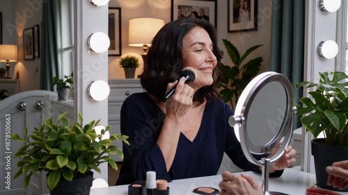 Woman applies makeup while looking in mirror in a well-lit indoor setting with plants and stylish decor