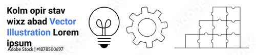 Innovation, teamwork, process management, problem-solving, strategy, efficiency. A light bulb, a gear and puzzle blocks in linear design. Innovation and teamwork in modern business concepts