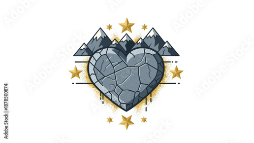 Symbol of strength featuring a cracked gray stone heart set against a backdrop of snow capped mountains and golden stars.