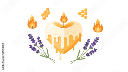 Soothing wellness illustration featuring a melting yellow candle in a heart shape accompanied by sprigs of lavender and golden honeycombs.