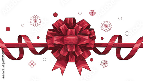 Ornate red gift bow featuring many loops and long curling ribbons surrounded by festive snowflakes and simple circular holiday accents.