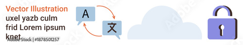 Cloud computing, data security, language translation, encryption, technology services, cybersecurity. Visual elements include a lock, cloud and translation icons. Cloud computing and data security