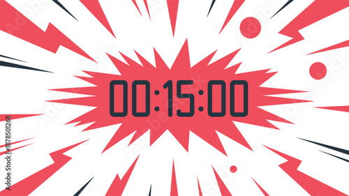 Digital countdown timer displaying fifteen minutes set against a red and black comic style explosive background with lightning bolts.