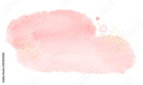 Pastel rose or pink watercolor brush stroke splash with luxury golden frame and glitter gold lines round contour frame for banner or logo wedding elements
