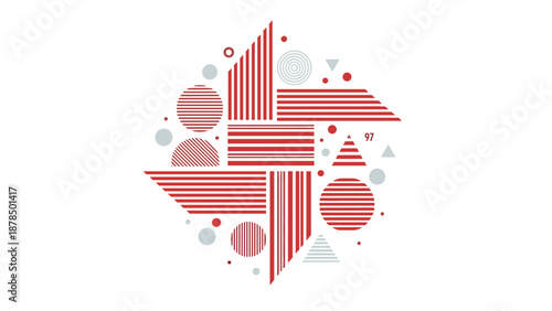 Red and gray geometric design resembling a pinwheel made of striped squares, triangles, circles, and small dots on a white background.