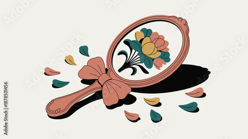 Vintage hand mirror in rose gold featuring a beautiful floral inlay on the back surrounded by soft floating petals and dark shadows.