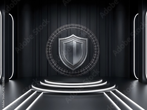 Shield emblem on pedestal in futuristic dark room representing cyber security degree, laptop and network grid imply study of digital defense and threat mitigation, copy space 