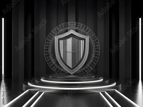 Shield emblem on pedestal in futuristic dark room representing cyber security degree, laptop and network grid imply study of digital defense and threat mitigation, copy space 