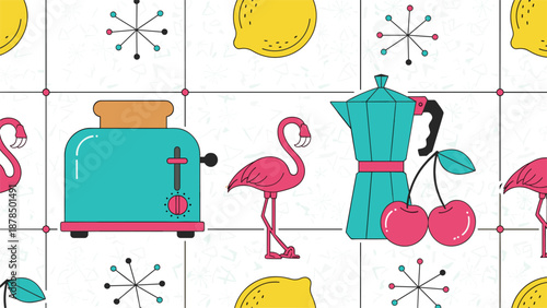 Kitchen pattern featuring a teal toaster, a pink flamingo ornament, a turquoise coffee pot, lemons, and cherries on a grid background.