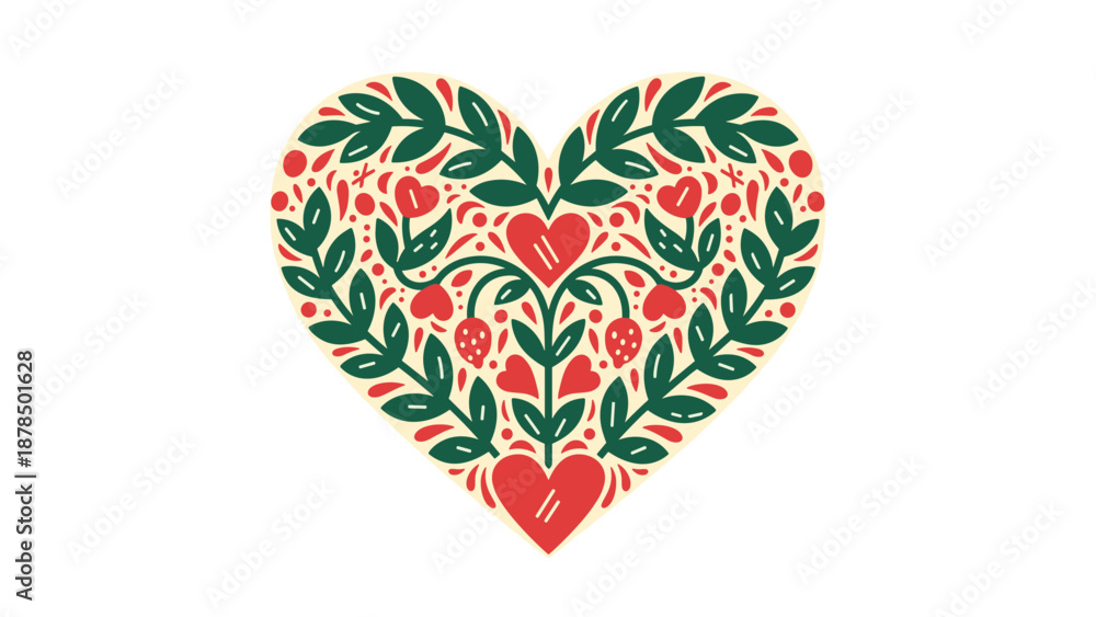 Obraz premium Stylized folk art heart illustration featuring green leaves, red berries, and small decorative hearts on a clean white background.