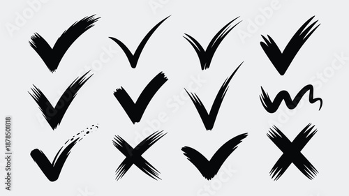 Collection of hand-drawn black checkmarks and crosses with brush stroke textures representing success and error symbols.