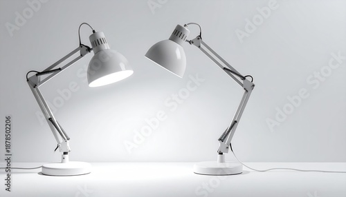 Two adjustable lamps illuminating a white surface in a studio.