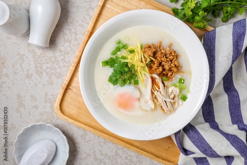 Homemade Chicken Congee with Soft Boiled Egg and Ginger