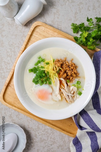 Homemade Chicken Congee with Soft Boiled Egg and Ginger