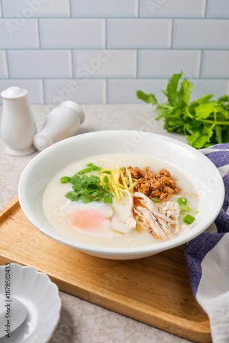 Homemade Chicken Congee with Soft Boiled Egg and Ginger