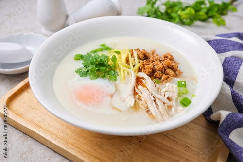 Homemade Chicken Congee with Soft Boiled Egg and Ginger