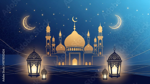 Ramadan mosque illustration with crescent moons and lanterns Islamic celebration background festive night sky with stars