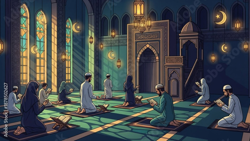 Muslim people praying in a mosque Ramadan or Eid concept Islamic culture and tradition interior scene with prayer mats and 
