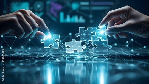 Hands assembling glowing digital puzzle pieces symbolizing problem solving and innovation