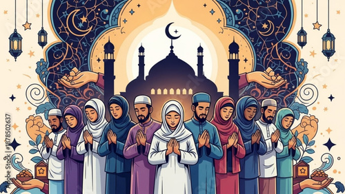 Diverse Muslim community praying together Ramadan mosque background Islamic celebration and faith concept vector illustrati